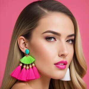 Multicolored  Earrings With Beaded & Tassel Accents In Pink, Green, White, Blue